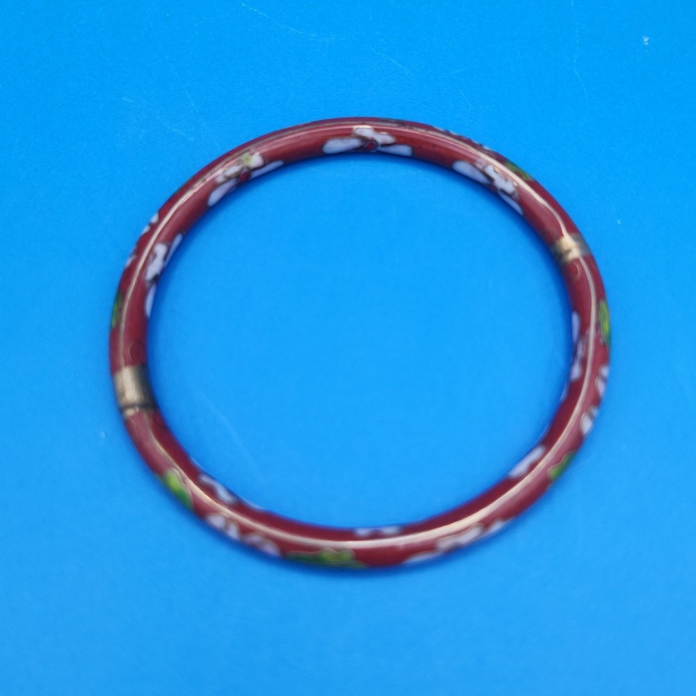 Vintage Red Cloisonne Enamel Floral Bangle Bracelet Hinged Brass Clasp